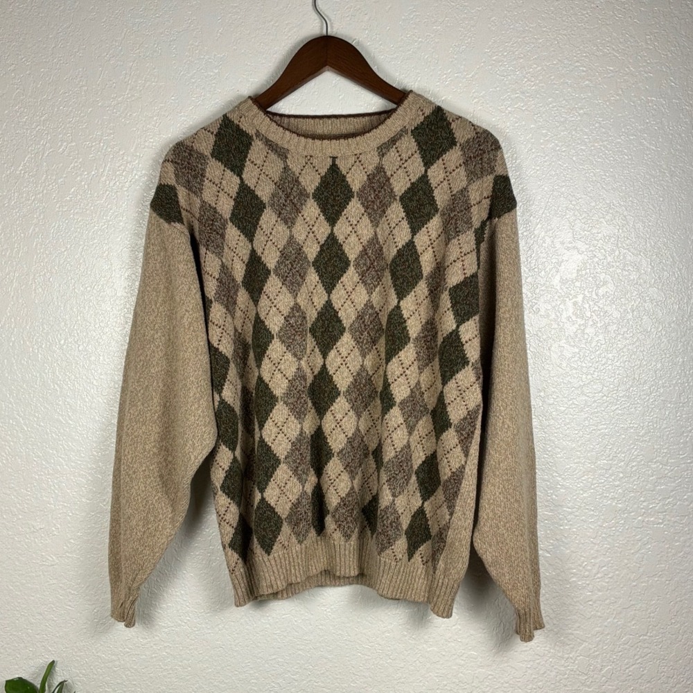 St. John's Bay Sweater Mens Large Tan Excellent Argyle Cotton Knit
